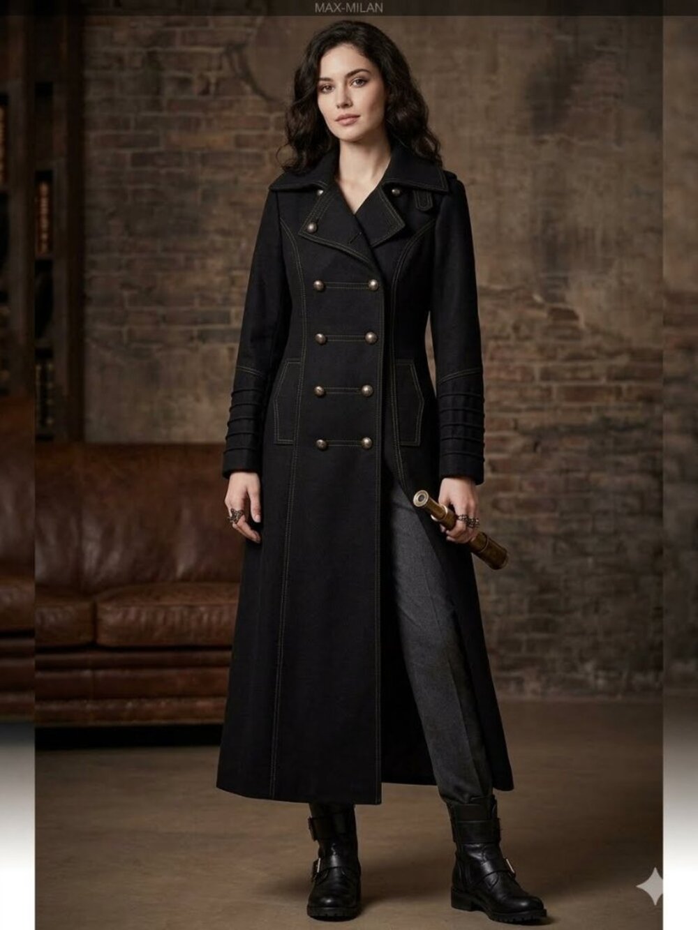 Vintage Y2K JLO Jennifer Lopez Wool Military Duster Trench Coat Black Size L